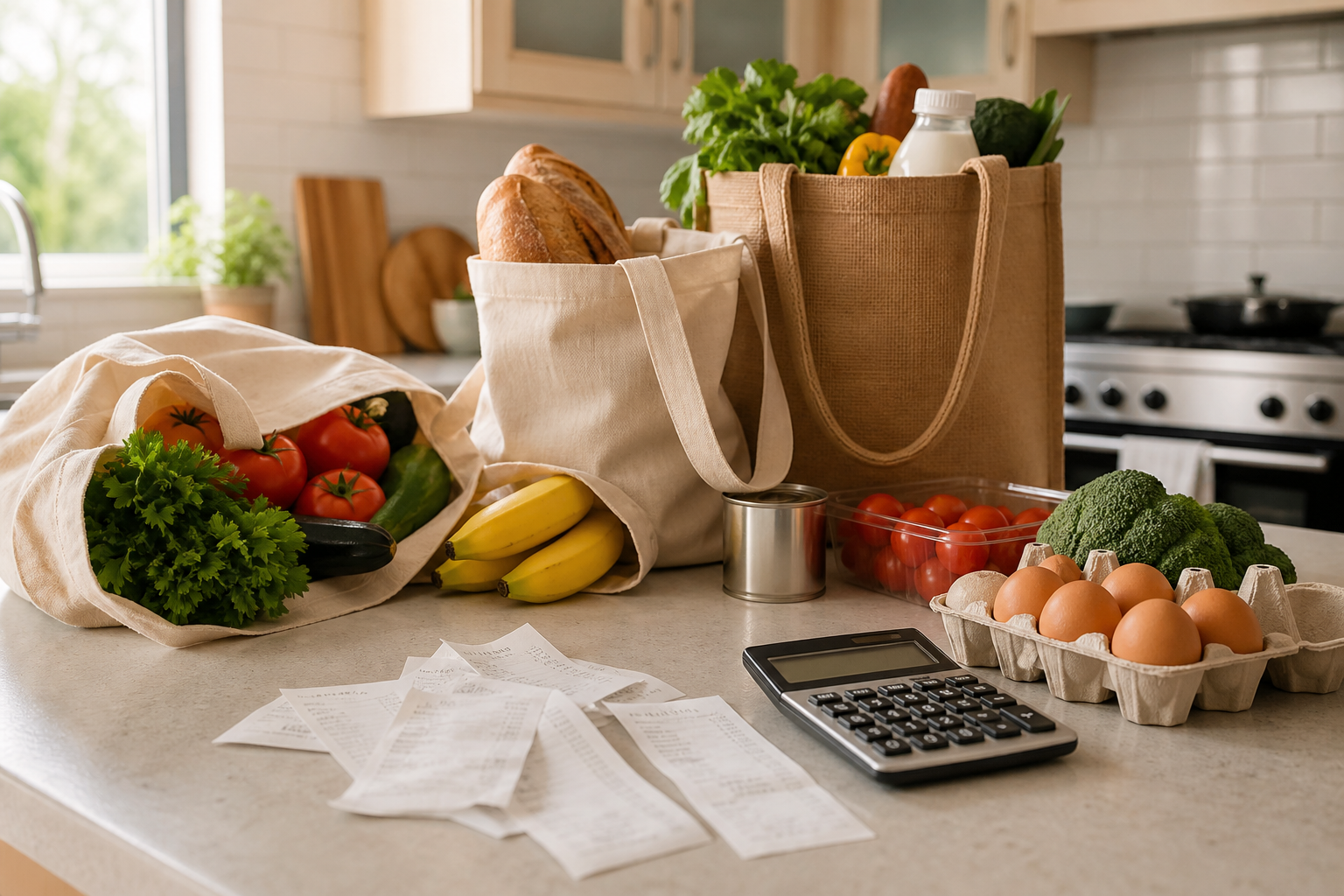 Shopping bags, receipts and a calculator on an Australian kitchen counter