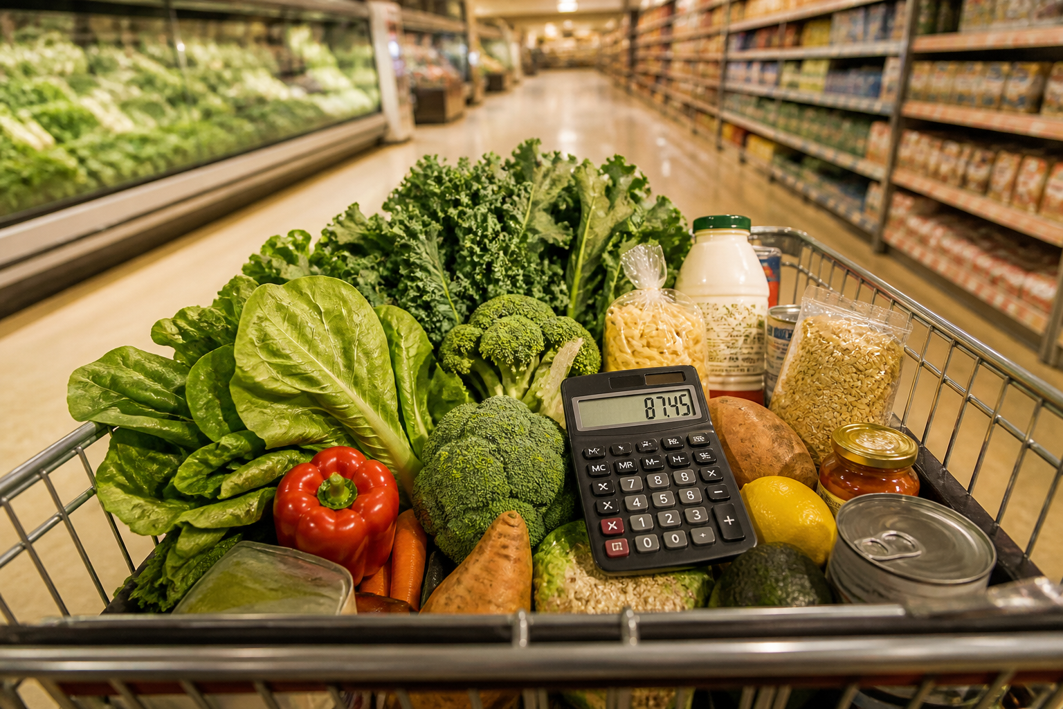 Compare Coles prices with Find It: cheaper, closer, quicker Shopping trolley filled with fresh groceries and a calculator in a supermarket aisle — compare before you shop