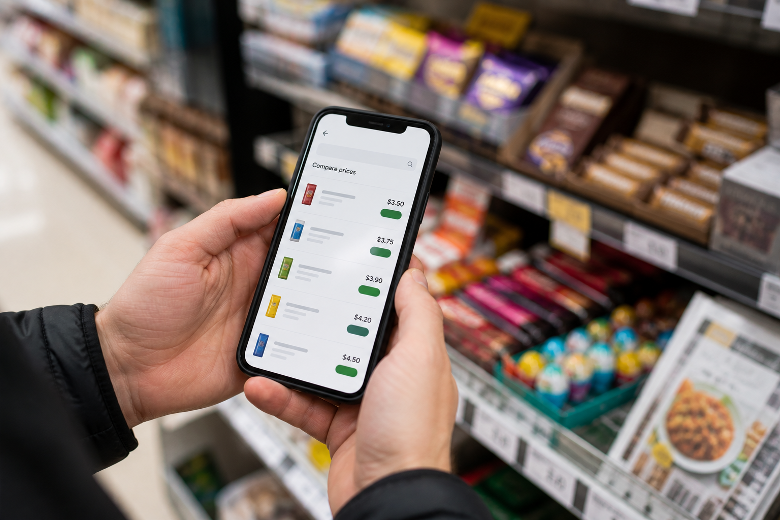 Checking prices before an impulse buy Person checking prices on a smartphone in a shop aisle, with impulse products blurred in the background