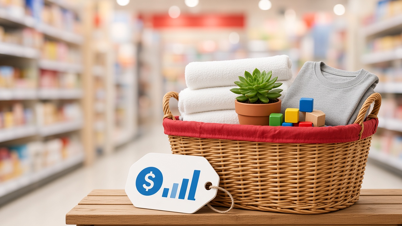 Shopping basket with homewares, toys, and clothing on a red accent background — compare Kmart prices before you shop