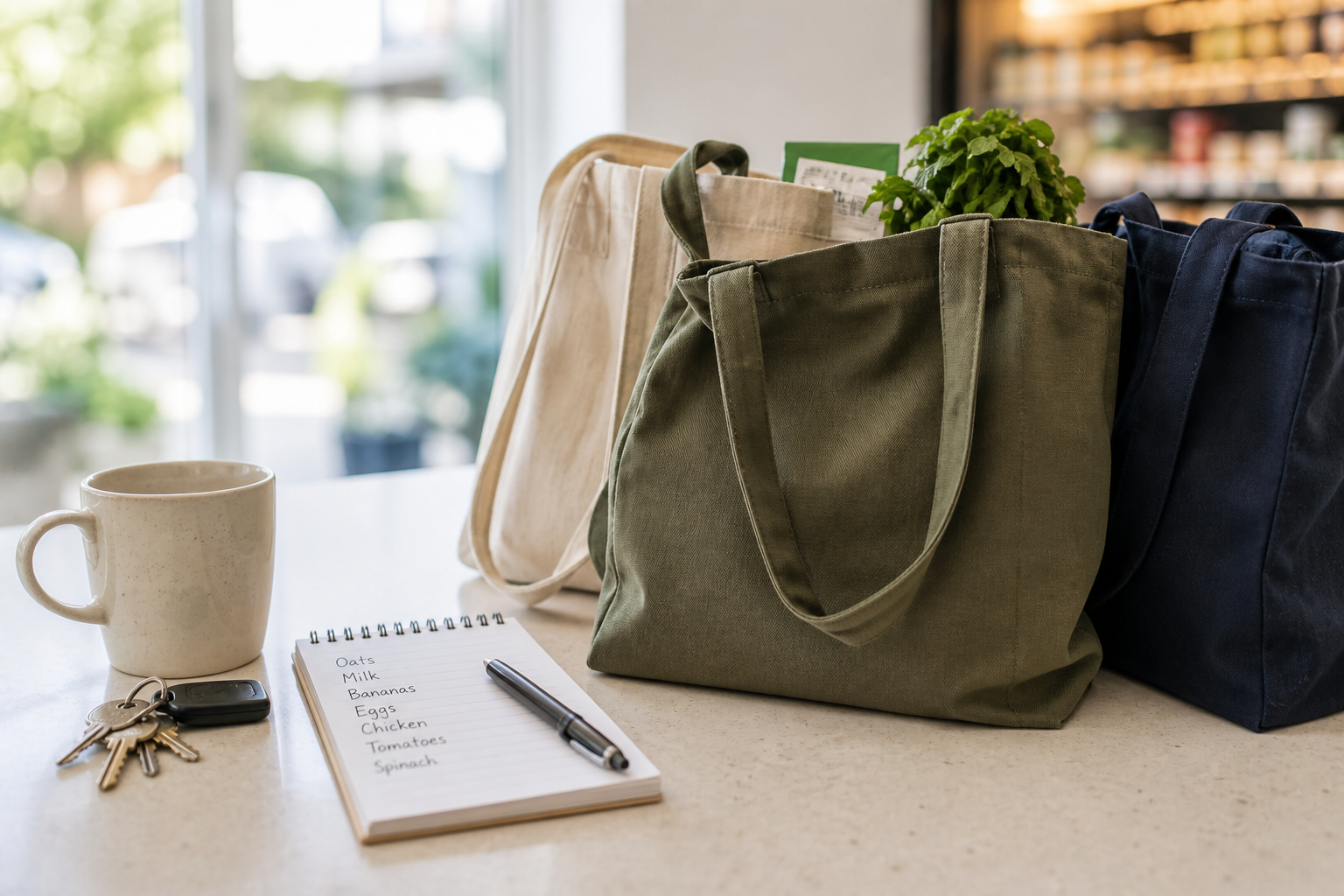 Weekend shopping shortlist Kitchen bench with a short handwritten shopping list and two or three shopping bags, ready for a weekend shop.