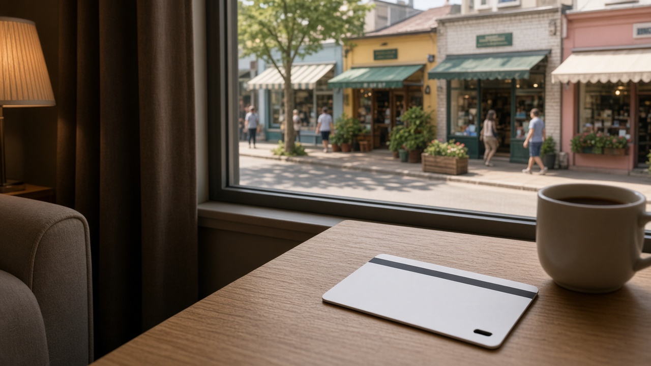 Hotel key card beside local shop storefront — transparency in travel and local retail