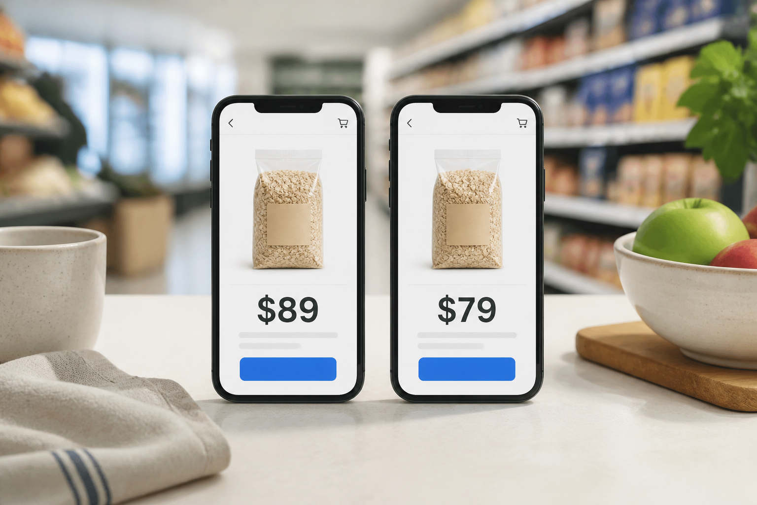 When price tabs disagree Two phones showing different prices for the same product on a table