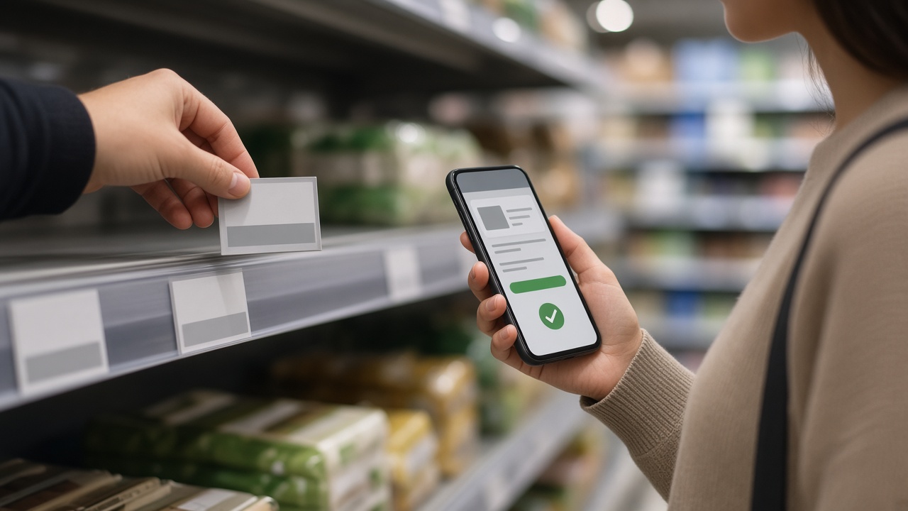 Price label being updated on a shelf with a confirm on phone — prices change, confirm at retailer