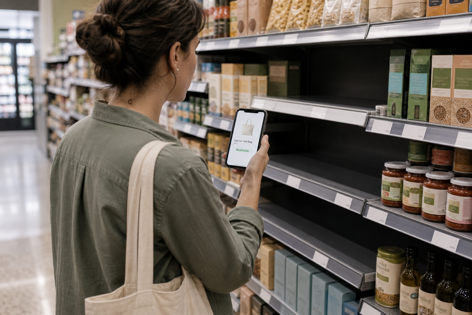 Website said available — empty shelf Shopper in an Australian supermarket aisle holding a phone that shows the product as available, facing an empty shelf.