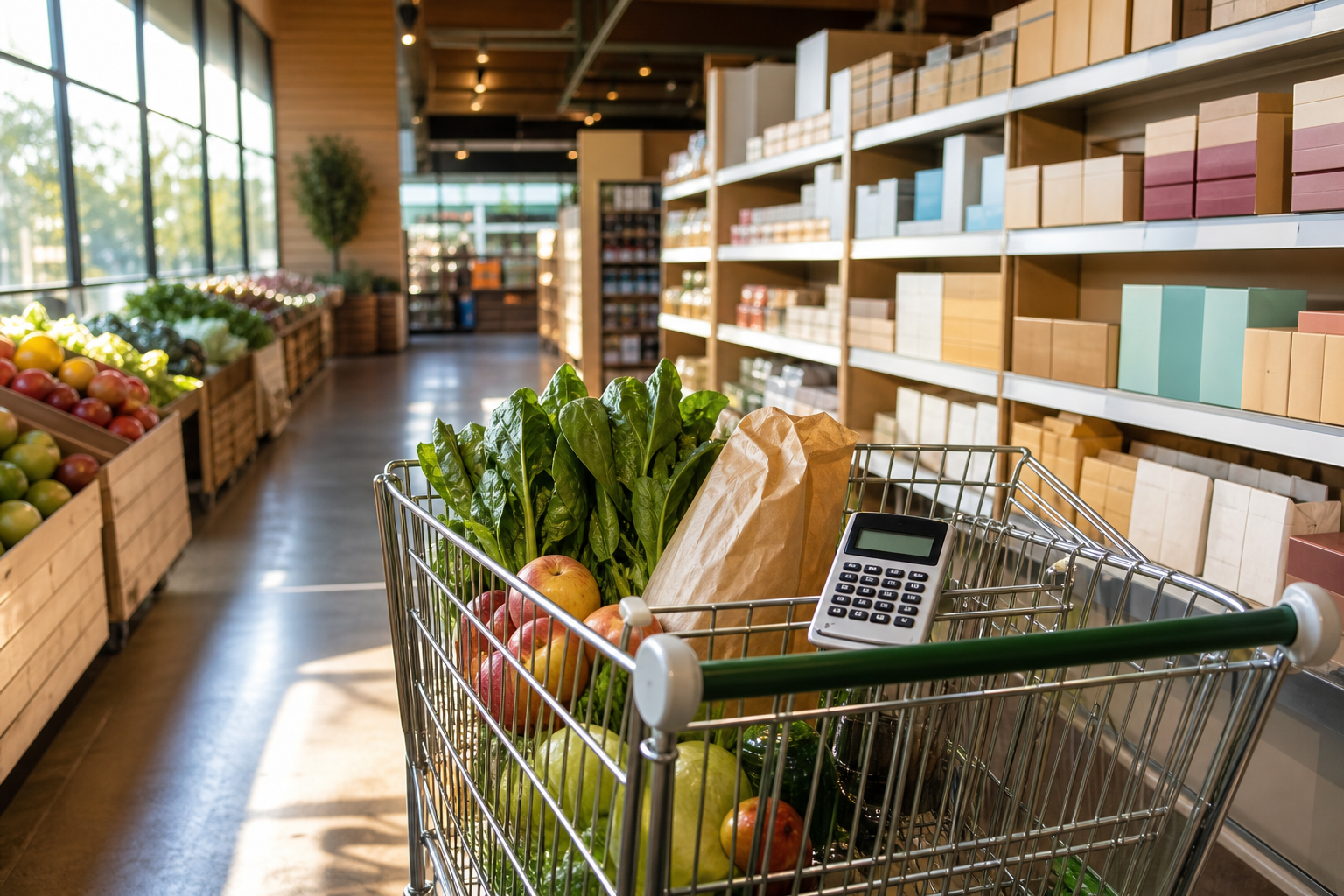 Compare before you shop Shopping trolley in a grocery aisle with produce and a calculator — compare before you drive
